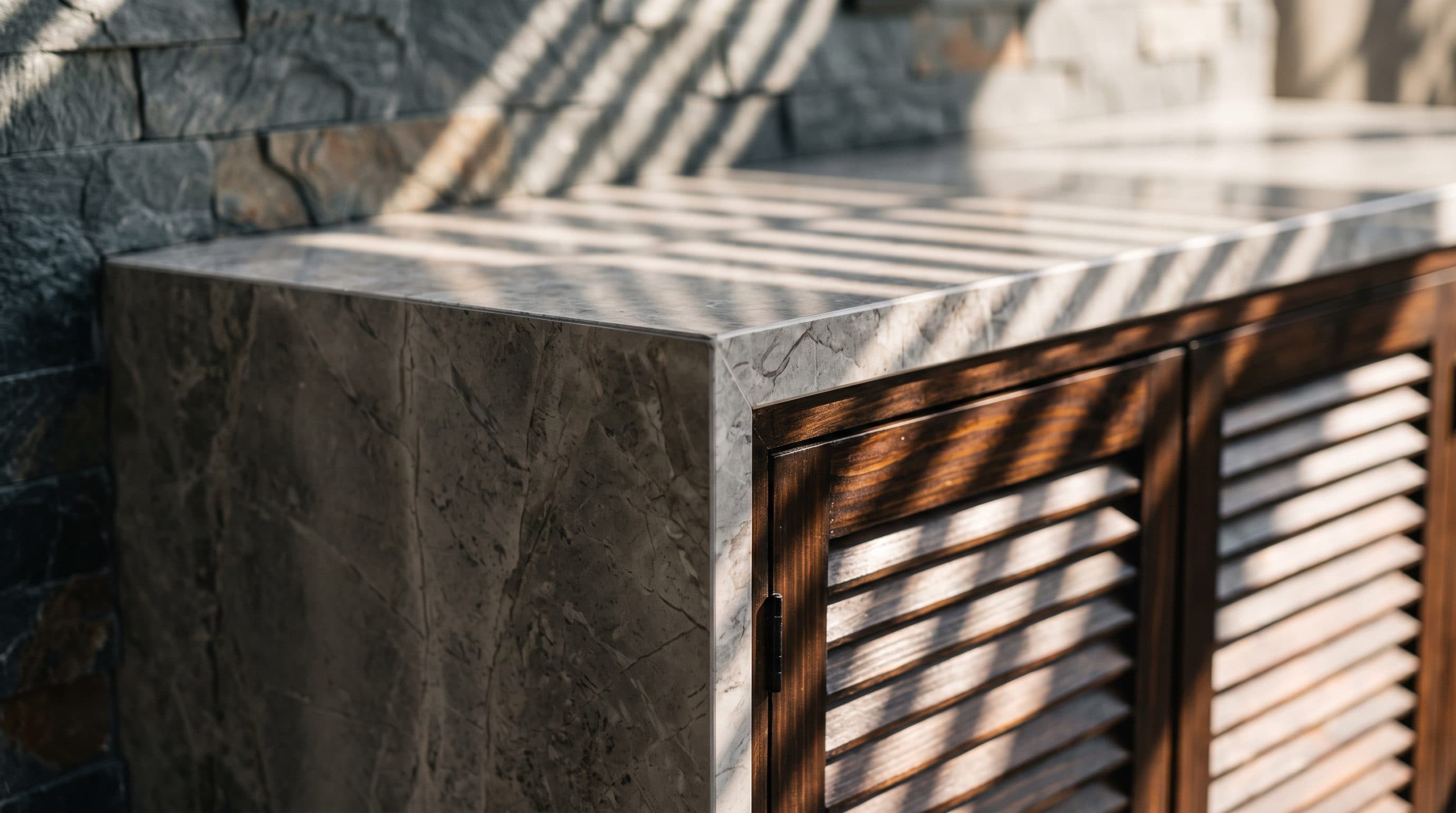 Imagen referencial: detalle de un mesón revestido en porcelanato símil mármol junto a puertas de celosía de madera, con sombras de listones